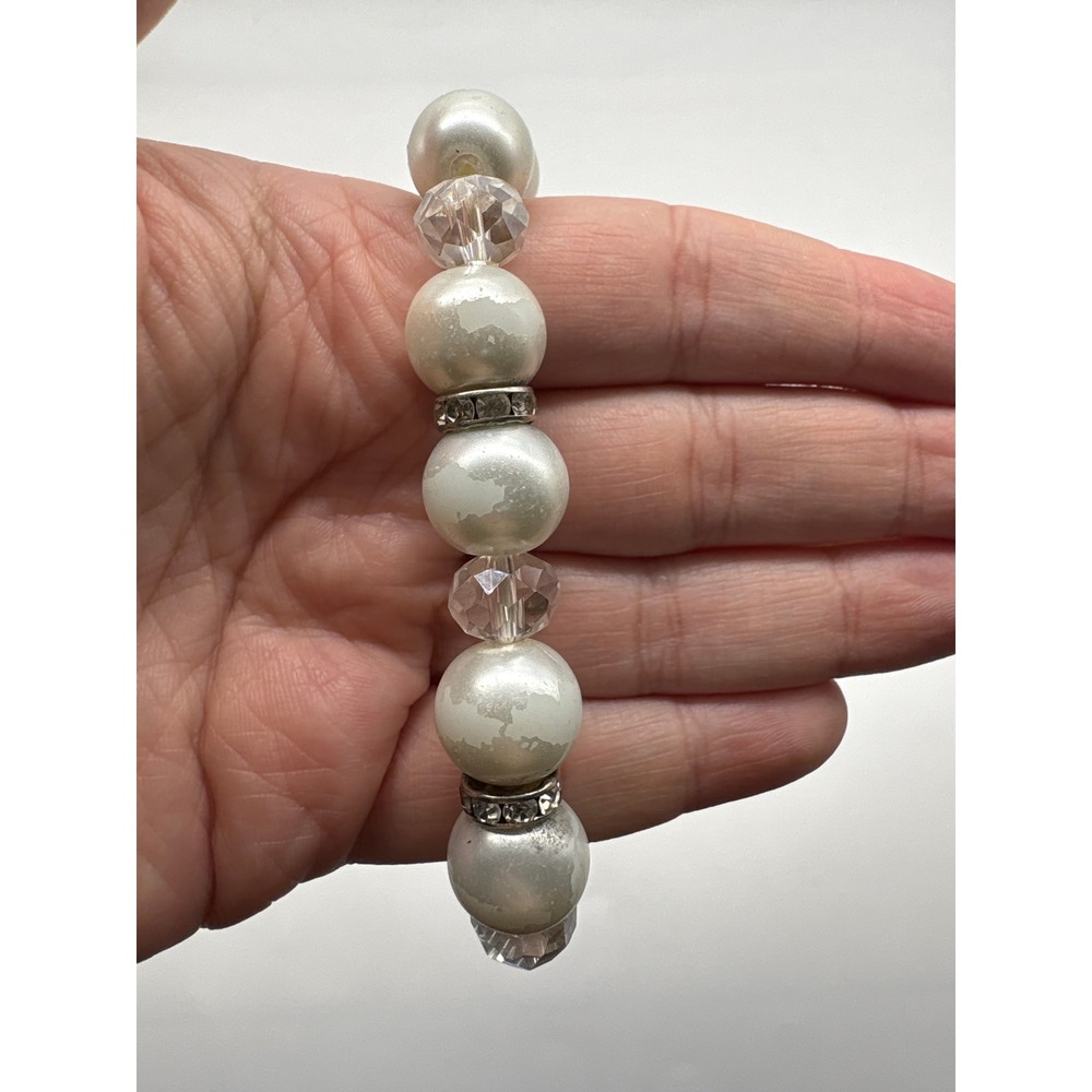 White Faux Pearl Stretch Bracelet with Clear Faceted Beads and Rhinestones